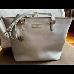 Dkny Metallic Silver Saffiano Leather Large Shopper Tote